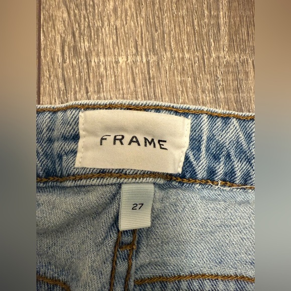 Frame Le Grand Garon High Rise Distressed Med Blue Raw Hem Denim Shorts Size 27 - Picture 2 of 4